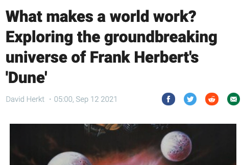 Newspaper headline for interview on Frank Herbert's Dune